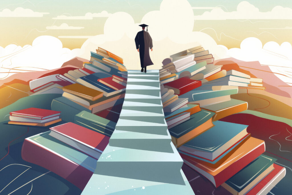 A student crossing a bridge made of books towards a graduation cap, symbolizing the educational journey leading to achievement. illustration, cartoon flat illustration, flat illustration, vector style --ar 3:2 --v 5.2 Job ID: 04af6d86-afe5-4f22-a5e5-03f7ead4af5c